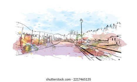 Building view with landmark of Rolle Pass is the 
mountain in Italy. Watercolor splash with hand drawn sketch illustration in vector.
