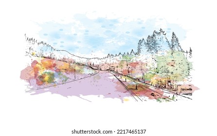 Building view with landmark of Rolle Pass is the 
mountain in Italy. Watercolor splash with hand drawn sketch illustration in vector.