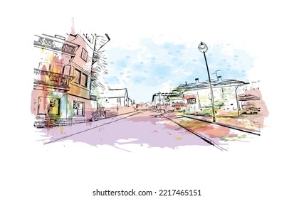 Building view with landmark of Rolle Pass is the 
mountain in Italy. Watercolor splash with hand drawn sketch illustration in vector.