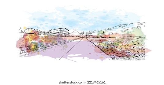 Building view with landmark of Rolle Pass is the 
mountain in Italy. Watercolor splash with hand drawn sketch illustration in vector.