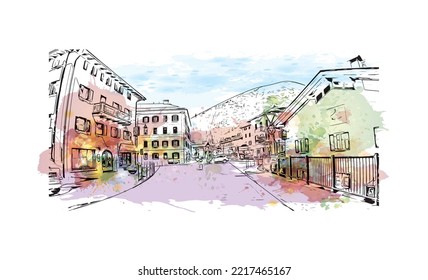 Building view with landmark of Rolle Pass is the 
mountain in Italy. Watercolor splash with hand drawn sketch illustration in vector.