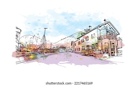 Building view with landmark of Rolle Pass is the 
mountain in Italy. Watercolor splash with hand drawn sketch illustration in vector.