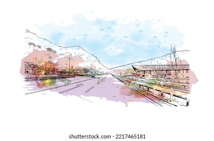 Building view with landmark of Rolle Pass is the 
mountain in Italy. Watercolor splash with hand drawn sketch illustration in vector.