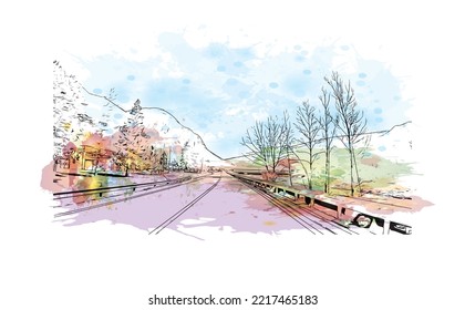 Building view with landmark of Rolle Pass is the 
mountain in Italy. Watercolor splash with hand drawn sketch illustration in vector.