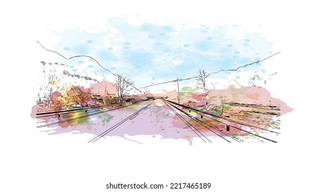 Building view with landmark of Rolle Pass is the 
mountain in Italy. Watercolor splash with hand drawn sketch illustration in vector.