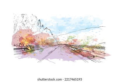 Bauansicht mit Wahrzeichen des Roll-Passes 
Berg in Italien. Aquarellspritzer mit handgezeichneter Skizzengrafik in Vektorgrafik.