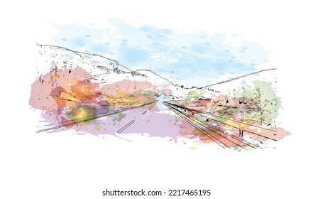 Building view with landmark of Rolle Pass is the 
mountain in Italy. Watercolor splash with hand drawn sketch illustration in vector.