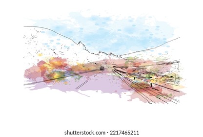 La vista de edificio con el punto de referencia de Rolle Pass es la 
montaña en Italia. Salto de color de agua con ilustración de esbozo dibujada a mano en vector.