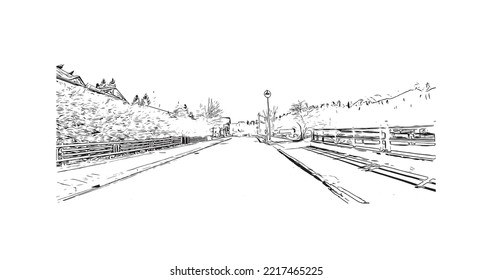 Building view with landmark of Rolle Pass is the 
mountain in Italy. Hand drawn sketch illustration in vector.