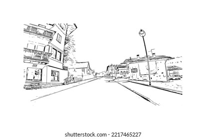 Building view with landmark of Rolle Pass is the 
mountain in Italy. Hand drawn sketch illustration in vector.