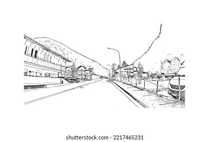 La vista de edificio con el punto de referencia de Rolle Pass es la 
montaña en Italia. Dibujo a mano de ilustración de esbozo en vector.