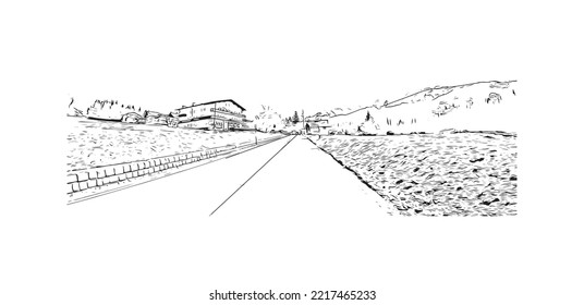 Building view with landmark of Rolle Pass is the 
mountain in Italy. Hand drawn sketch illustration in vector.