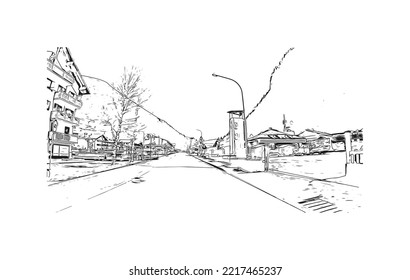 La vista de edificio con el punto de referencia de Rolle Pass es la 
montaña en Italia. Dibujo a mano de ilustración de esbozo en vector.
