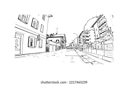 Building view with landmark of Rolle Pass is the 
mountain in Italy. Hand drawn sketch illustration in vector.