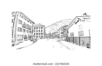 Building view with landmark of Rolle Pass is the 
mountain in Italy. Hand drawn sketch illustration in vector.