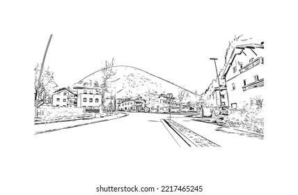 Building view with landmark of Rolle Pass is the 
mountain in Italy. Hand drawn sketch illustration in vector.