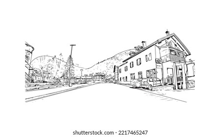 La vista de edificio con el punto de referencia de Rolle Pass es la 
montaña en Italia. Dibujo a mano de ilustración de esbozo en vector.