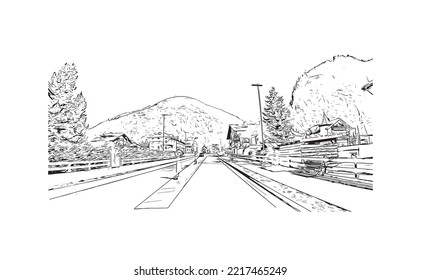 Building view with landmark of Rolle Pass is the 
mountain in Italy. Hand drawn sketch illustration in vector.