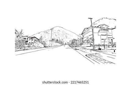 Building view with landmark of Rolle Pass is the 
mountain in Italy. Hand drawn sketch illustration in vector.