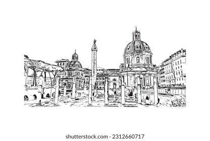 La ciudad capital de Italia es un edificio con vistas a Roma. Dibujo a mano de ilustración de esbozo en vector.