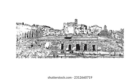 Building view with landmark of  Rome is the capital city in Italy. Hand drawn sketch illustration in vector.