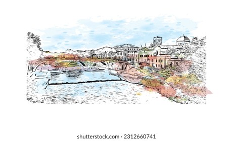 Building view with landmark of  Rome is the capital city in Italy. Watercolor splash with hand drawn sketch illustration in vector.