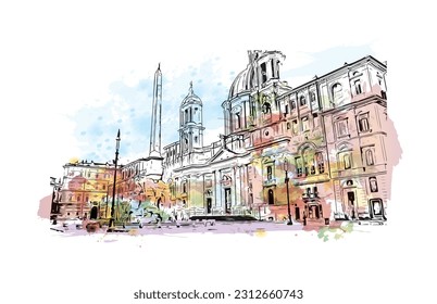 Building view with landmark of  Rome is the capital city in Italy. Watercolor splash with hand drawn sketch illustration in vector.