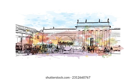 Building view with landmark of  Rome is the capital city in Italy. Watercolor splash with hand drawn sketch illustration in vector.