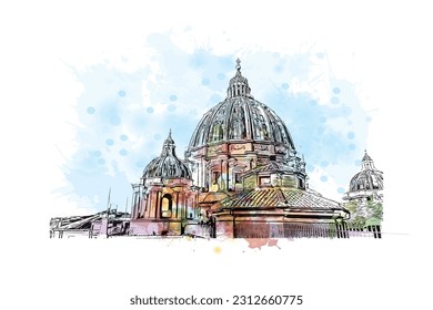 Building view with landmark of  Rome is the capital city in Italy. Watercolor splash with hand drawn sketch illustration in vector.