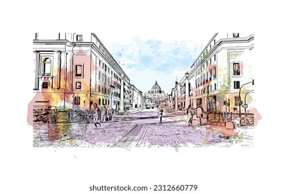 Building view with landmark of  Rome is the capital city in Italy. Watercolor splash with hand drawn sketch illustration in vector.