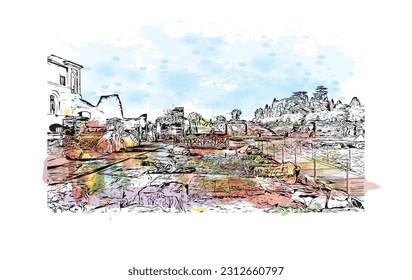 Building view with landmark of  Rome is the capital city in Italy. Watercolor splash with hand drawn sketch illustration in vector.