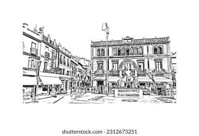 Building view with landmark of   Ronda is a city in Spain. Hand drawn sketch illustration in vector.