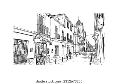 Building view with landmark of   Ronda is a city in Spain. Hand drawn sketch illustration in vector.