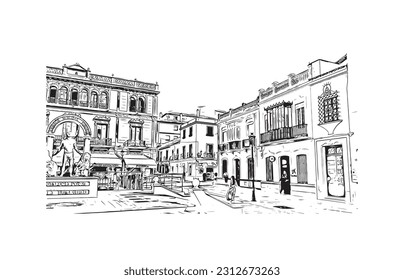 Building view with landmark of   Ronda is a city in Spain. Hand drawn sketch illustration in vector.