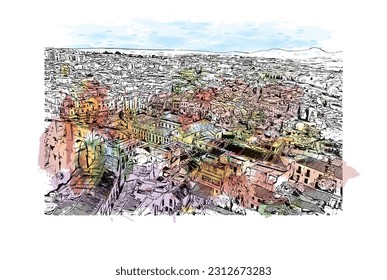 Building view with landmark of   Ronda is a city in Spain. Watercolor splash with hand drawn sketch illustration in vector.