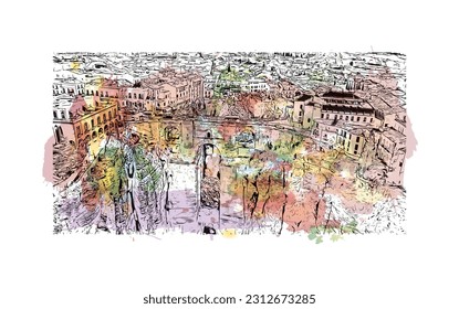 Building view with landmark of   Ronda is a city in Spain. Watercolor splash with hand drawn sketch illustration in vector.