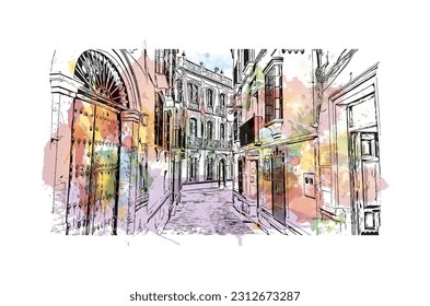 Building view with landmark of   Ronda is a city in Spain. Watercolor splash with hand drawn sketch illustration in vector.