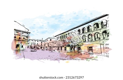 Building view with landmark of   Ronda is a city in Spain. Watercolor splash with hand drawn sketch illustration in vector.