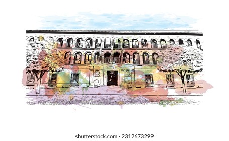 Building view with landmark of   Ronda is a city in Spain. Watercolor splash with hand drawn sketch illustration in vector.