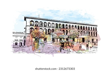 Building view with landmark of   Ronda is a city in Spain. Watercolor splash with hand drawn sketch illustration in vector.