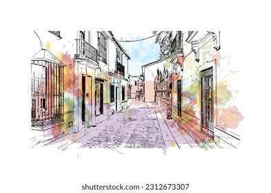 Building view with landmark of   Ronda is a city in Spain. Watercolor splash with hand drawn sketch illustration in vector.