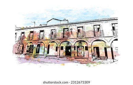 Building view with landmark of   Ronda is a city in Spain. Watercolor splash with hand drawn sketch illustration in vector.