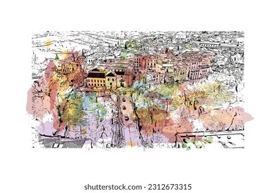 Building view with landmark of   Ronda is a city in Spain. Watercolor splash with hand drawn sketch illustration in vector.