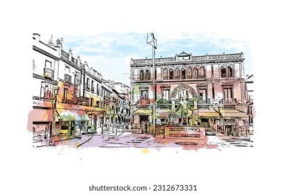 Building view with landmark of   Ronda is a city in Spain. Watercolor splash with hand drawn sketch illustration in vector.