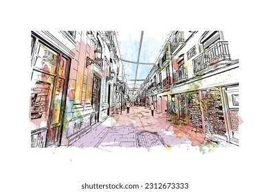 Building view with landmark of   Ronda is a city in Spain. Watercolor splash with hand drawn sketch illustration in vector.