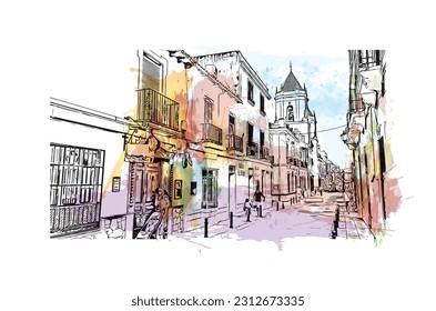 Building view with landmark of   Ronda is a city in Spain. Watercolor splash with hand drawn sketch illustration in vector.