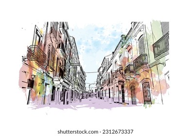 Building view with landmark of   Ronda is a city in Spain. Watercolor splash with hand drawn sketch illustration in vector.