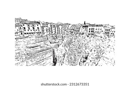 Building view with landmark of   Ronda is a city in Spain. Hand drawn sketch illustration in vector.