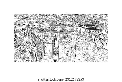 Building view with landmark of   Ronda is a city in Spain. Hand drawn sketch illustration in vector.