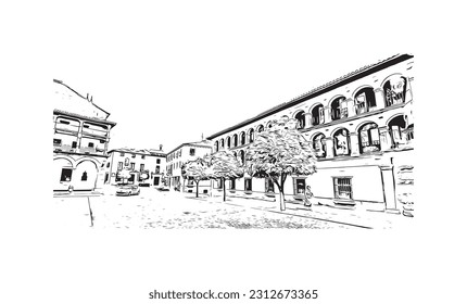 Building view with landmark of   Ronda is a city in Spain. Hand drawn sketch illustration in vector.